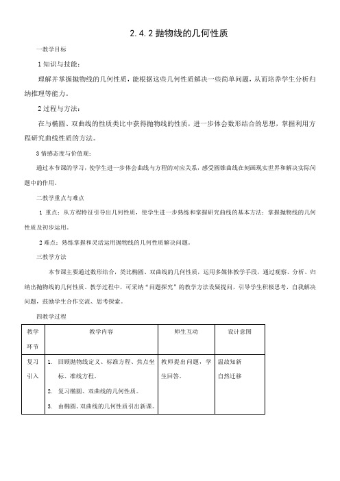 高中数学新人教版B版精品教案《人教版B高中数学选修2-1 2.4.2 抛物线的几何性质》7