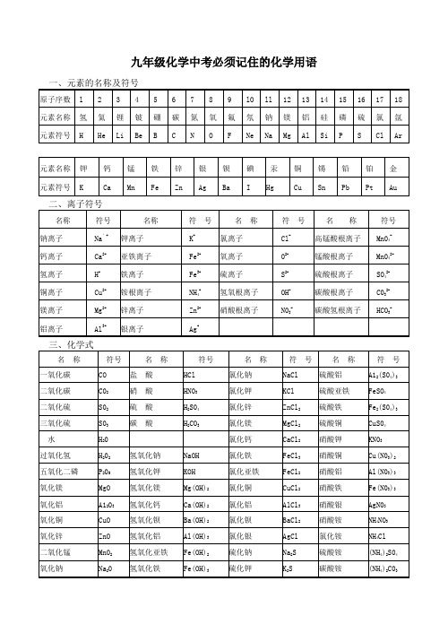 九年级化学中考必须记住的化学用语.
