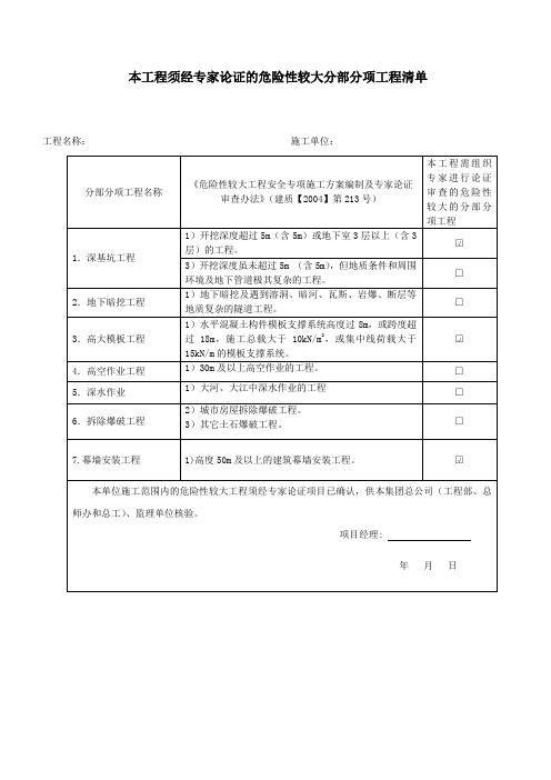 本工程须经专家论证的危险性较大分部分项工程清单