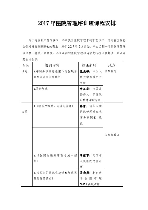 2017年医院管理培训班课程安排