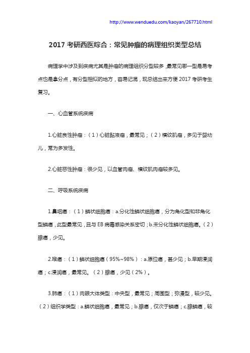 2017考研西医综合：常见肿瘤的病理组织类型总结