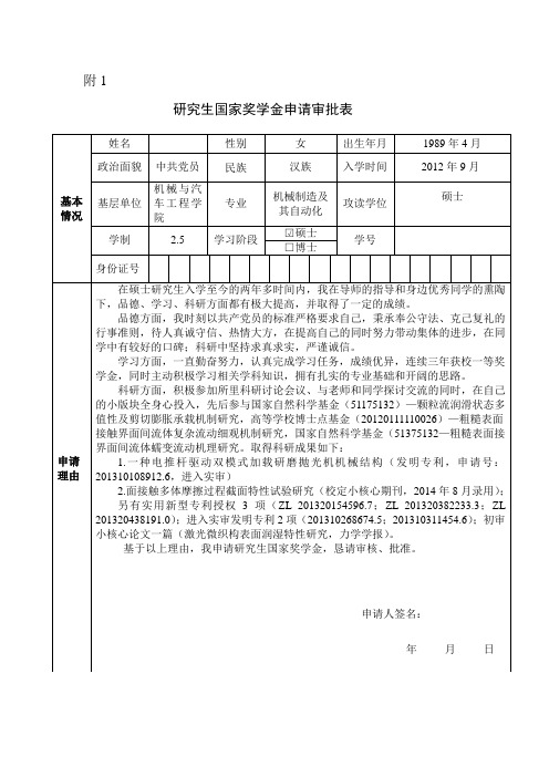 申请理由推荐意见——研究生国家奖学金申请审批表 合肥工业大学