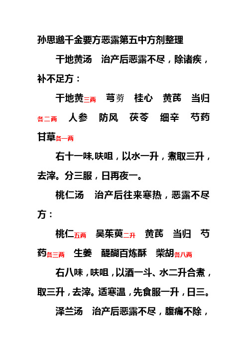 孙思邈千金要方恶露第五中方剂整理