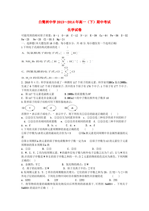 江西省白鹭洲中学高一化学下学期期中试题