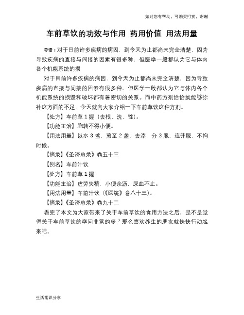 车前草饮的功效与作用 药用价值 用法用量