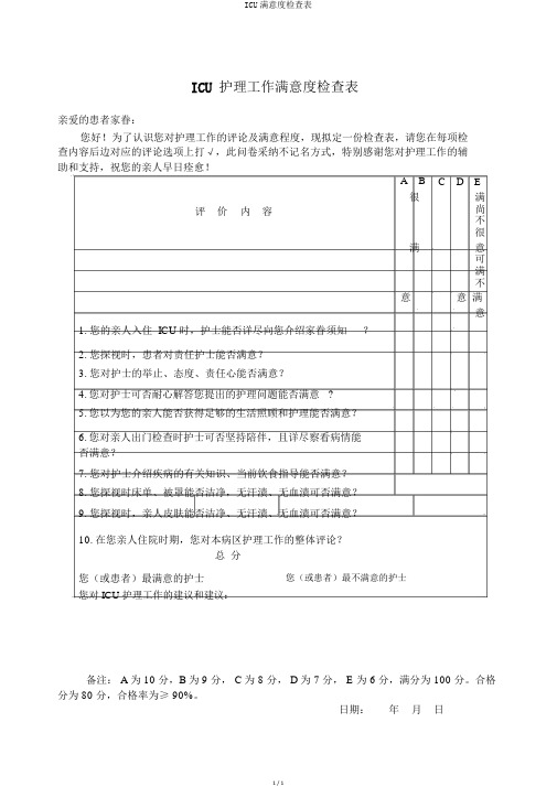 ICU满意度调查表