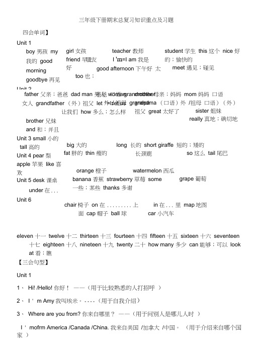 三年级下册英语重点复习资料