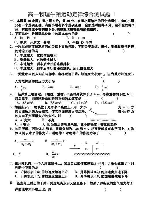 高一物理必修1牛顿运动定律综合测试题及答案