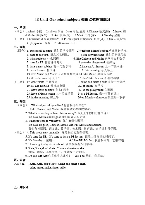 [译林版]4B Unit1 Our school subjects知识点梳理加练习