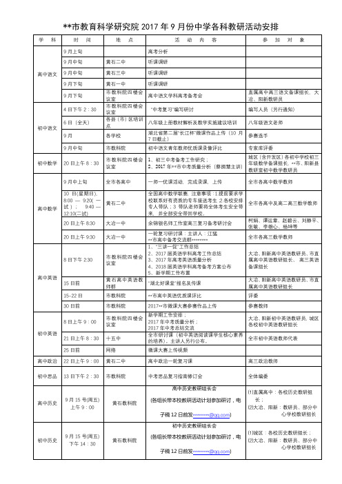 黄石市教育科学研究院2017年9月份中学各科教研活动安排【模板】