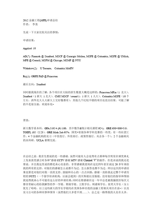 2012金融工程申请