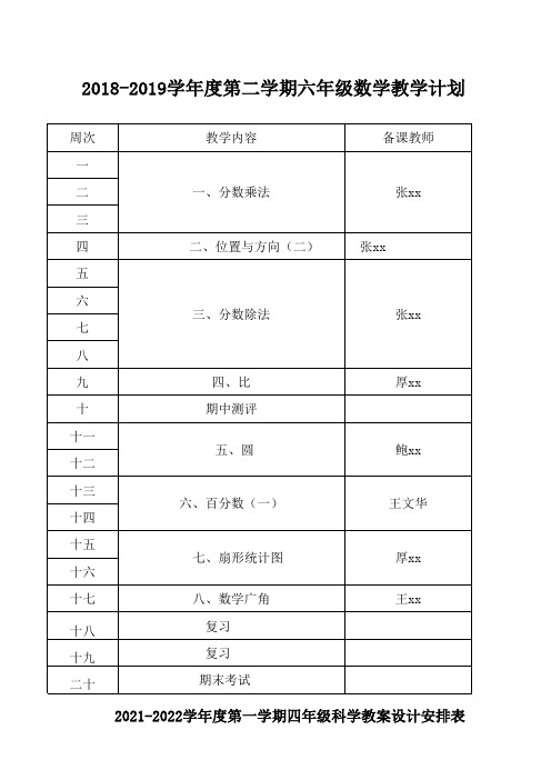 人教版六年级上册数学教学计划及备课安排表
