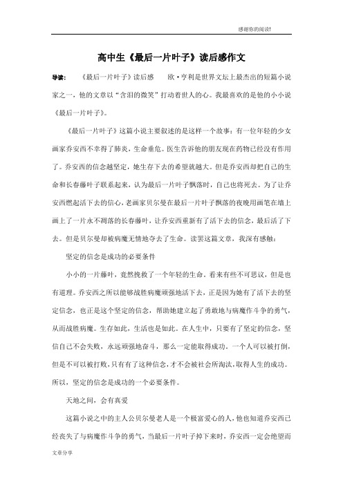 高中生《最后一片叶子》读后感作文