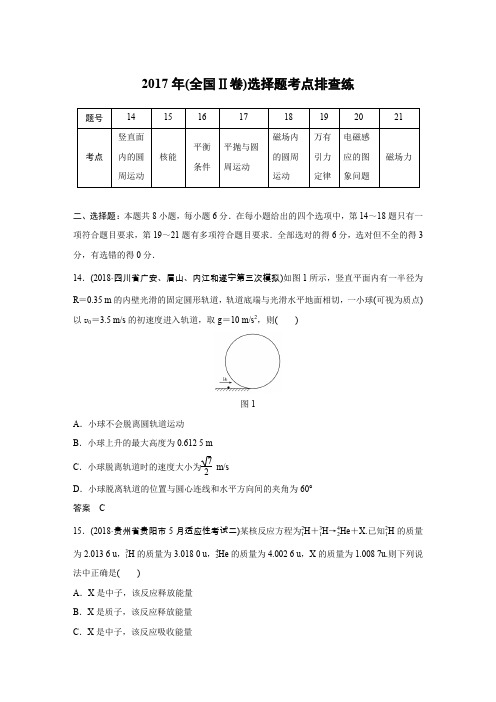 高考物理2017年(全国Ⅱ卷)选择题考点排查练