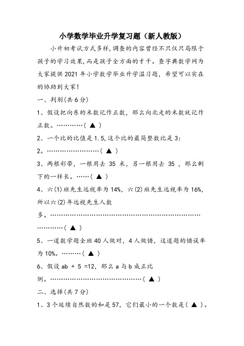 小学数学毕业升学复习题(新人教版)