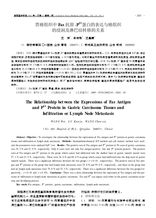 胃癌组织中Fas 抗原, P 53 蛋白的表达与癌组织的浸润及淋巴结转移的关系