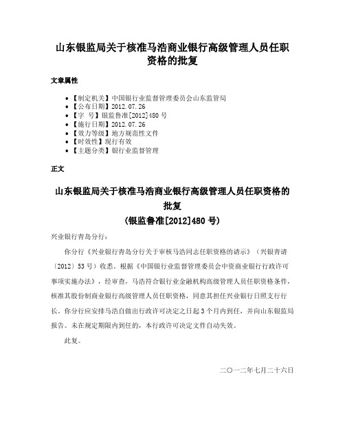 山东银监局关于核准马浩商业银行高级管理人员任职资格的批复