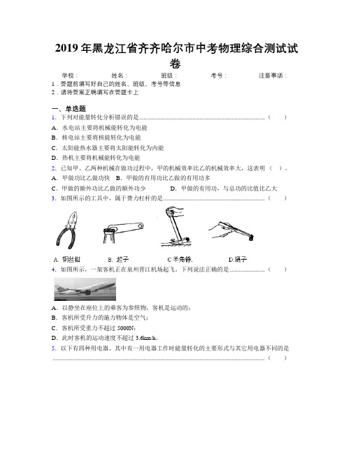 2019年黑龙江省齐齐哈尔市中考物理综合测试试卷附解析