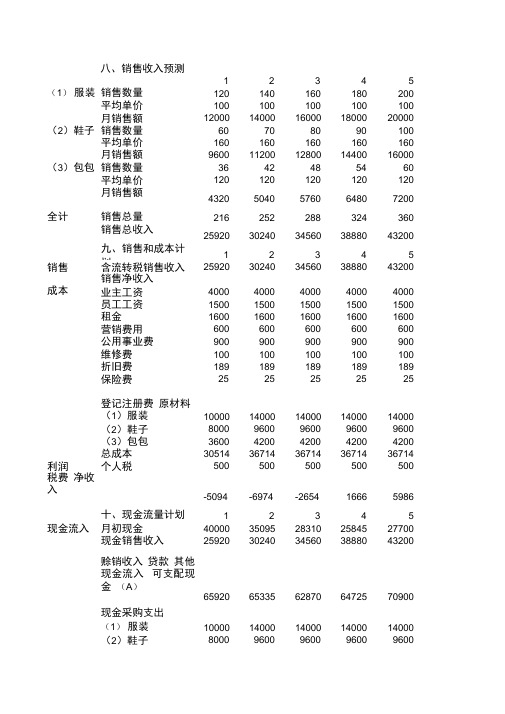 创业计划书,销售收入预测,销售和成本计划,现金流量计划.docx