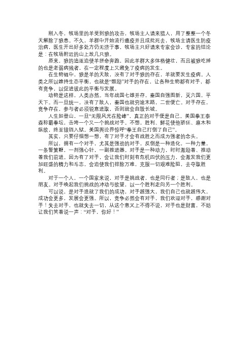 初中作文：对手也是一笔大财富