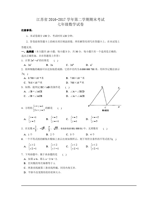 江苏省2016-2017学年第二学期期末考试七年级数学试卷(无答案)
