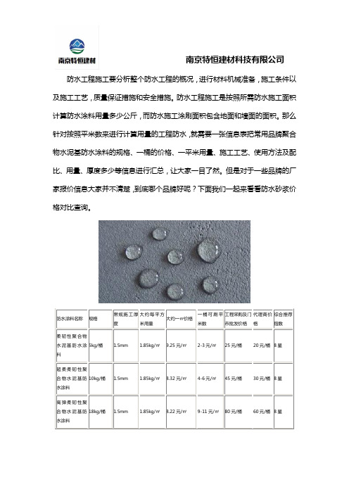 防水砂浆价格明细表