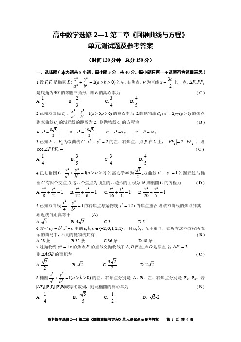 圆锥曲线与方程测试题及参考答案