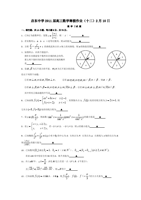 12启东中学2011届高三数学寒假作业(十二)2月10日