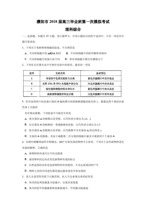 河南省濮阳市2018届高三第一次模拟考试理综试题及答案