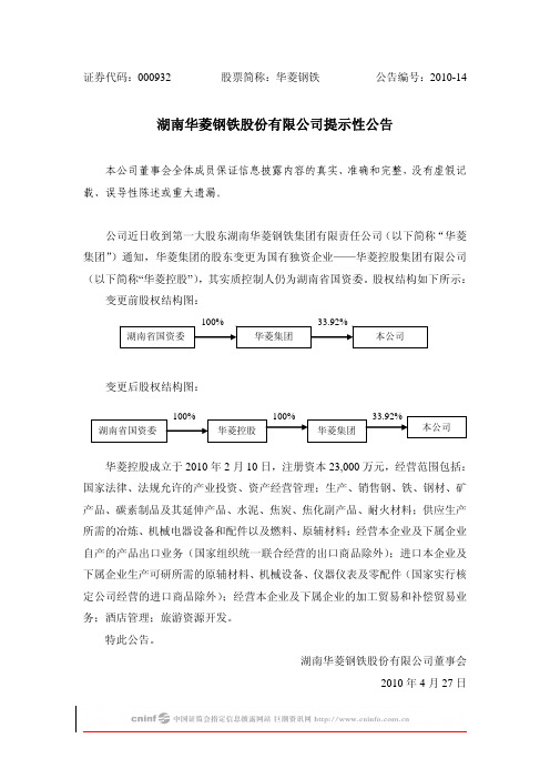 华菱钢铁：提示性公告 2010-04-29