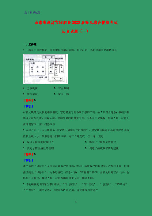 2020届山东省潍坊市临朐县高三综合模拟考试历史试题(一)(解析版)