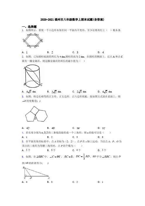 2020-2021福州市八年级数学上期末试题(含答案)