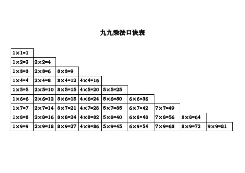 二年级九九乘法口诀表 A 打印版 