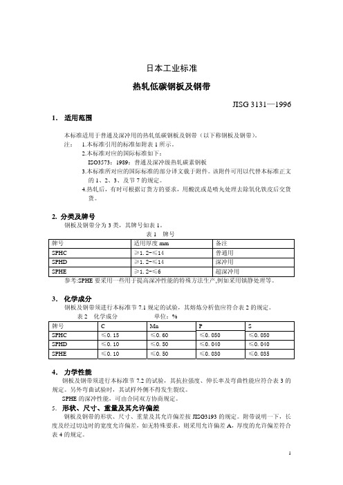 JIS G3131-1996 中文版 热轧低碳钢板、薄板及带材