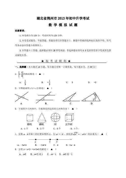 湖北省荆州市2013年初中升学考试数学模拟试题