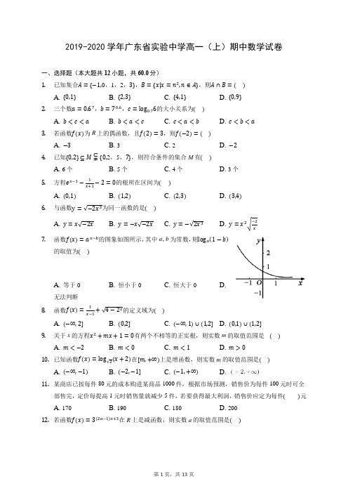 2019-2020学年广东省实验中学高一(上)期中数学试卷 (含答案解析)