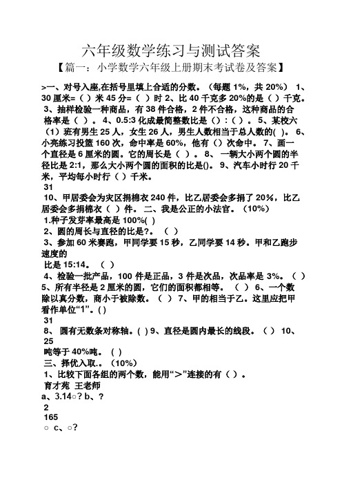 六年级数学练习与测试答案