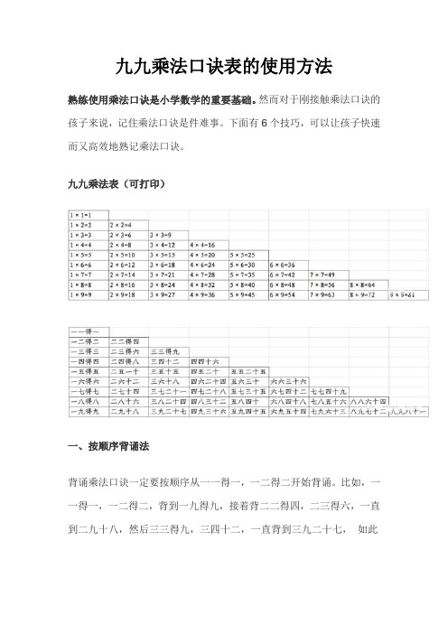 九九乘法口诀表的使用方法