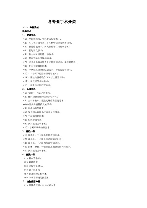各专业手术分类