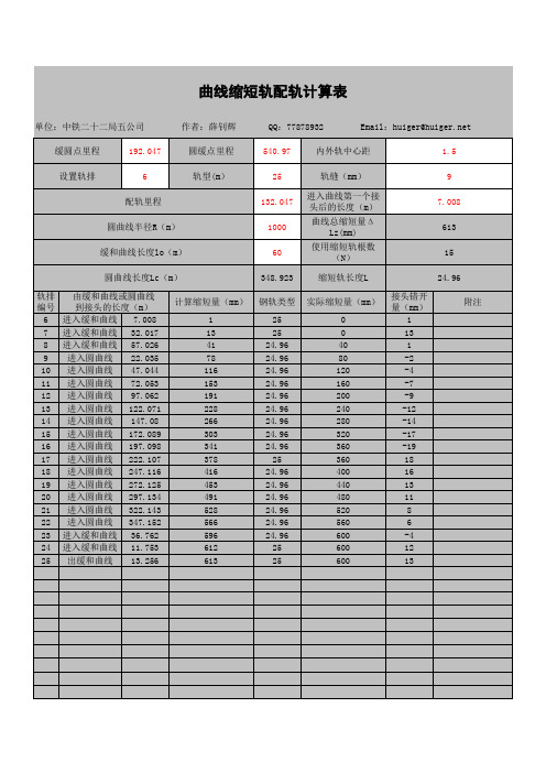 曲线缩短轨及配轨计算表