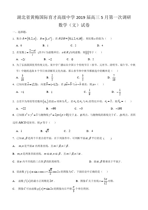 湖北省黄梅国际育才高级中学2019届高三5月第一次调研数学(文)试卷(含答案)