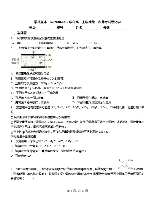 攀枝花市一中2018-2019学年高二上学期第一次月考试卷化学