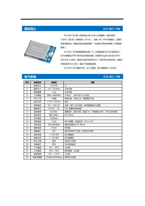成都亿佰特(Ebyte)-2.4G无线模块CC2530-zigbee模块E18-MS1-IPX用户手册--------1