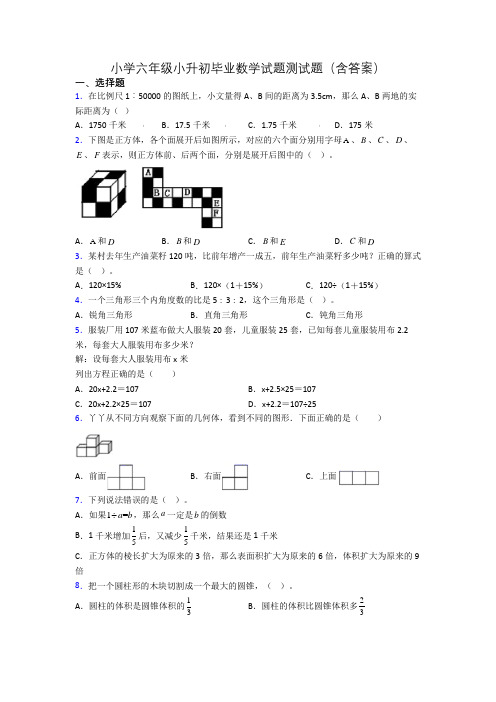 小学六年级小升初毕业数学试题测试题(含答案)