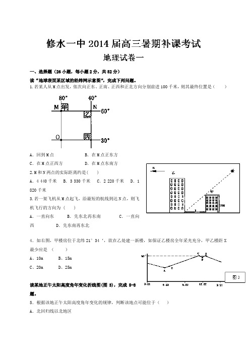 江西省九江市修水一中2014届高三暑期补课考试 地理试题 Word版含答案