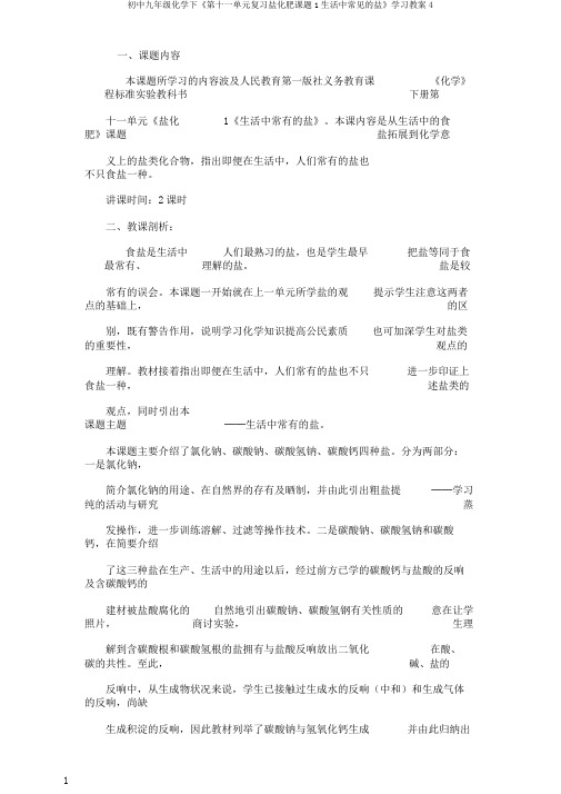 初中九年级化学下《第十一单元复习盐化肥课题1生活中常见的盐》学习教案4