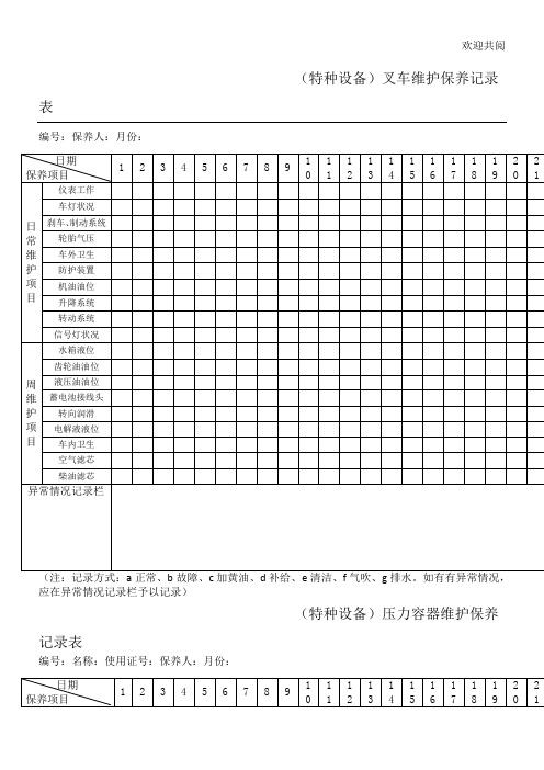 维护保养记录表格模板(特种设备)