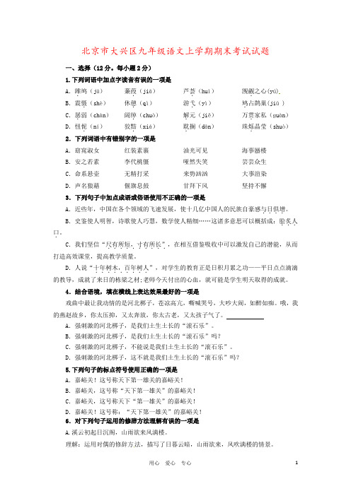 北京市大兴区九年级语文上学期期末考试试题