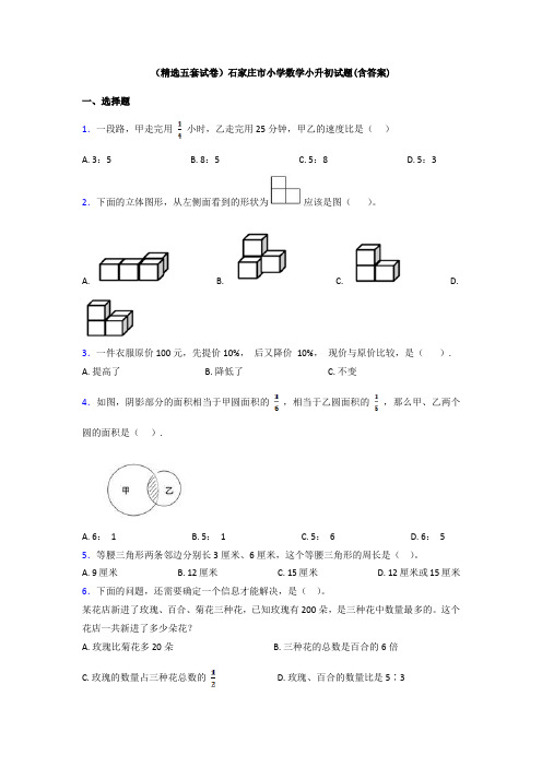 (精选五套试卷)石家庄市小学数学小升初试题(含答案)