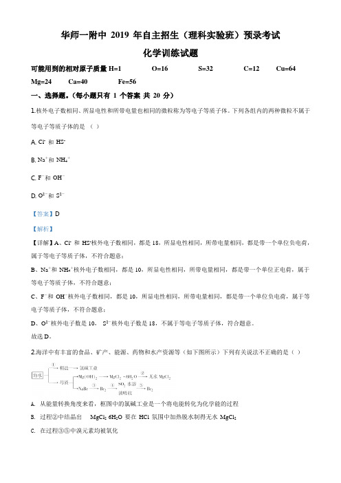 2019年湖北省武汉市洪山区华师一附中自主招生(理科实验班)预录考试模拟化学试题(解析版)
